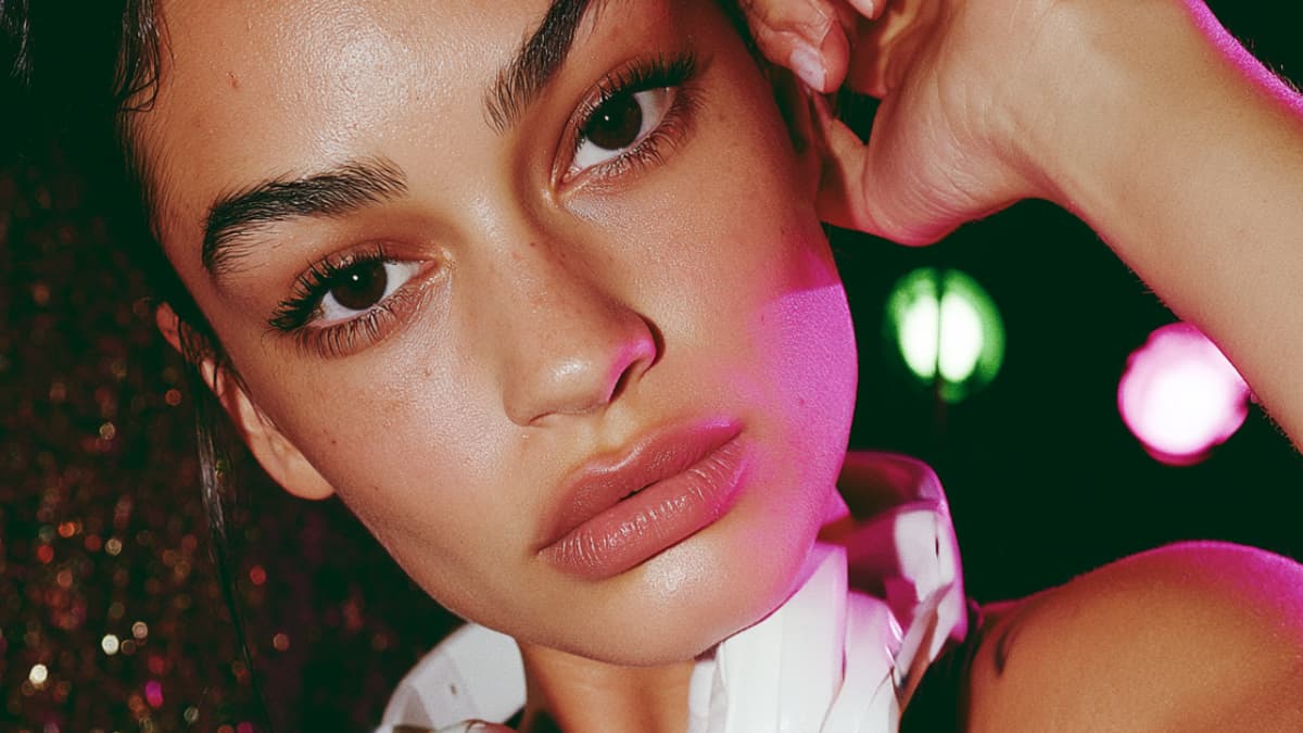 Close-up portrait of a woman with flawless, glowing skin, defined natural eyebrows, and vibrant pink neon lighting, representing the polished results of professional facial waxing. Visual for services designed to beautifully groom delicate facial areas including the upper lip, sideburns, nose, and chin.