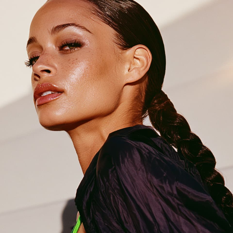 Radiant woman with a sleek slicked-back braid, freckles, and dewy glowing skin looking over her shoulder in a dark iridescent jacket. Represents the seamless and polished studio experience, guiding you through everything you need to know before your appointment, from a smooth check-in to professional aftercare.